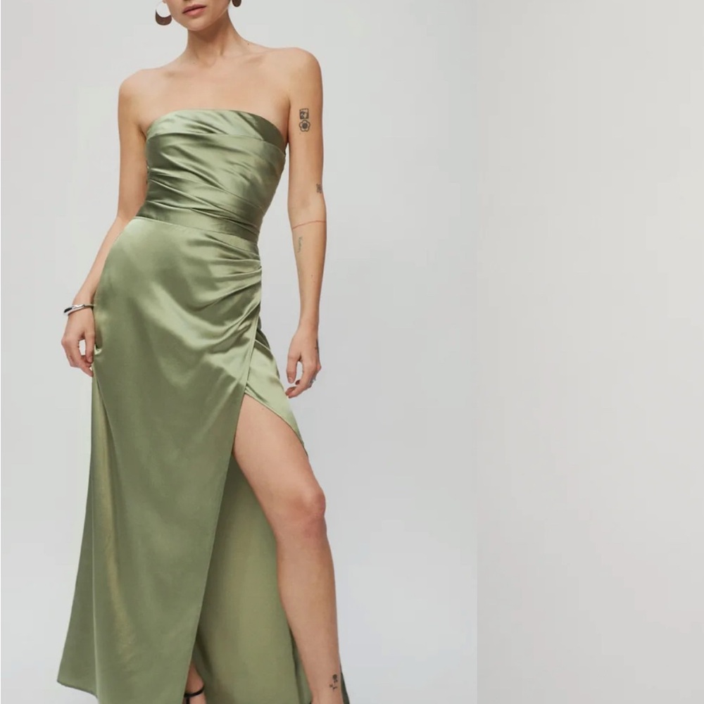 Reformation Strapless Satin Dress in Olive
